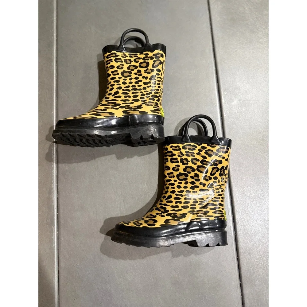 Vintage Western Chief Kids Leopard Print Rain Boots Yellow Pull Handles Size 9